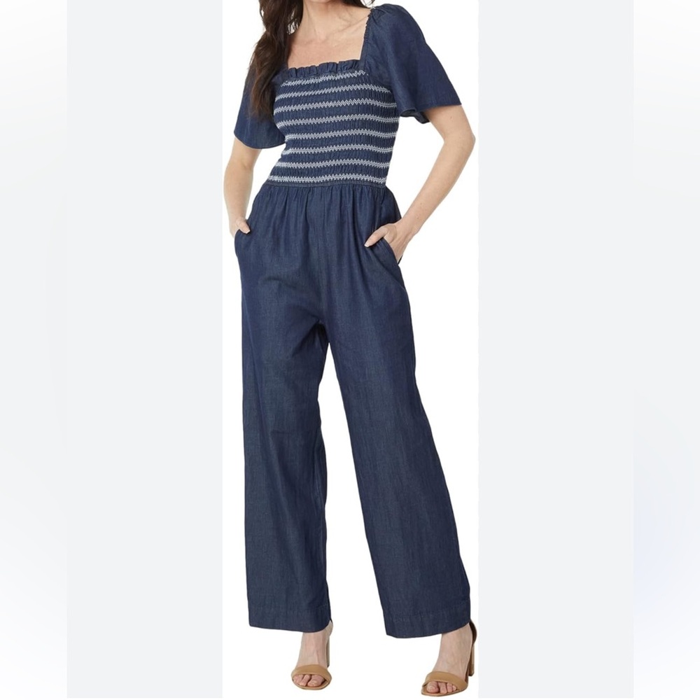 Draper James Smocked Chambray‎ Jumpsuit Dark Wash Blue XS